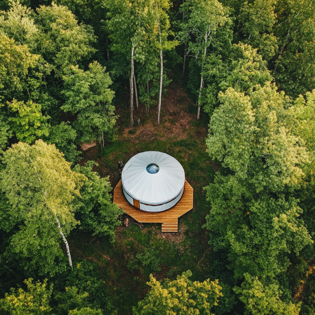 Drone shot of a yurt among trees