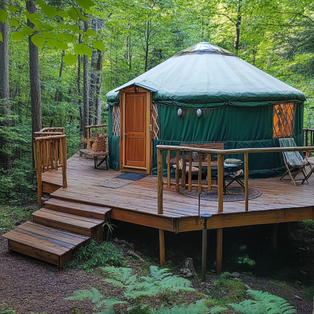 green yurt in forest on wooden deck