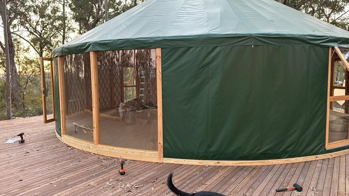 Green 10 metre yurt blending into the forest with large curved glass windows