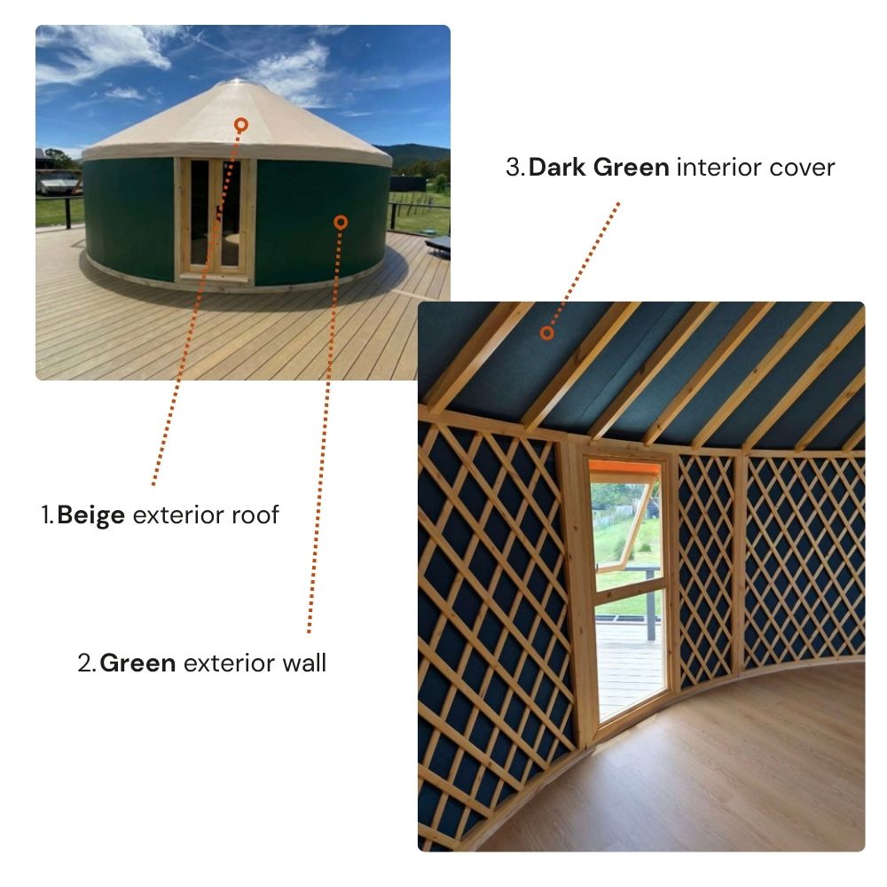 Yurt exterior with beige canvas roof and green wall panels, alongside interior view with dark green lining and timber lattice, creating a grounded, earthy aesthetic