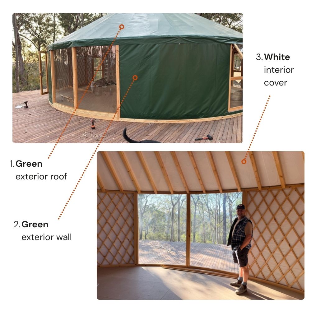 Green canvas yurt exterior set among trees with timber interior and white lining, designed to blend naturally into bushland surroundings