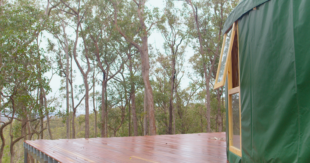 Green yurt in a forest setting with trees and a wooden deck.