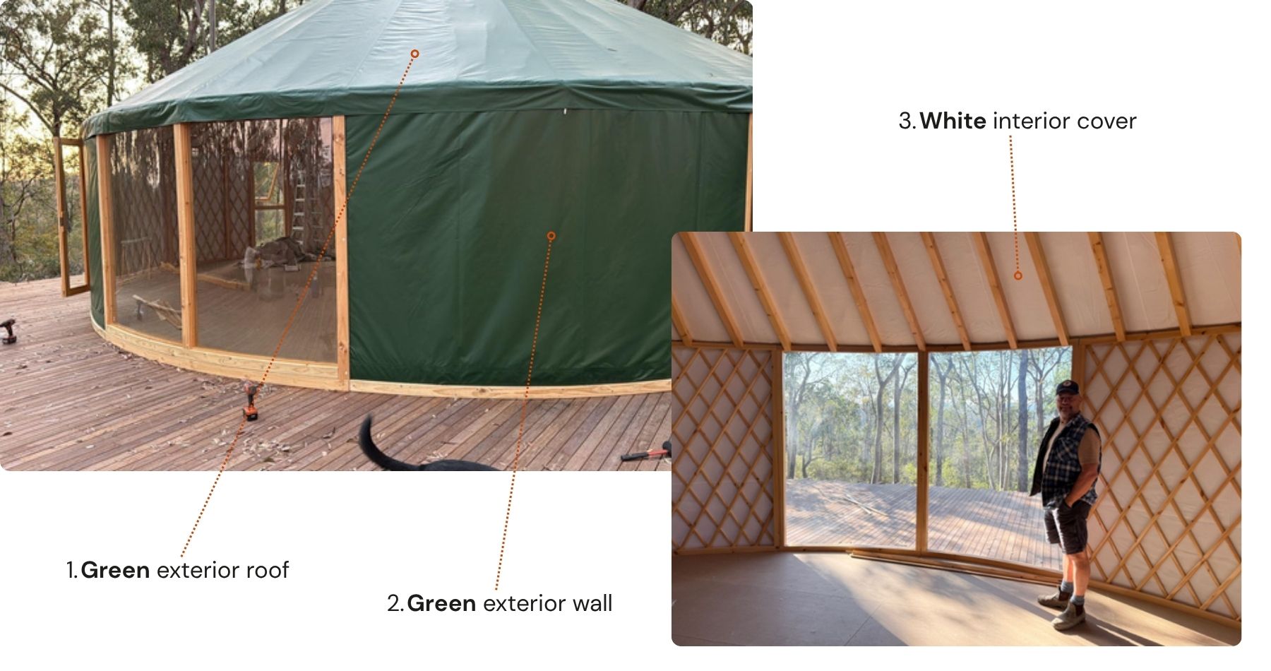 Green canvas yurt exterior set among trees with timber interior and white lining, designed to blend naturally into bushland surroundings