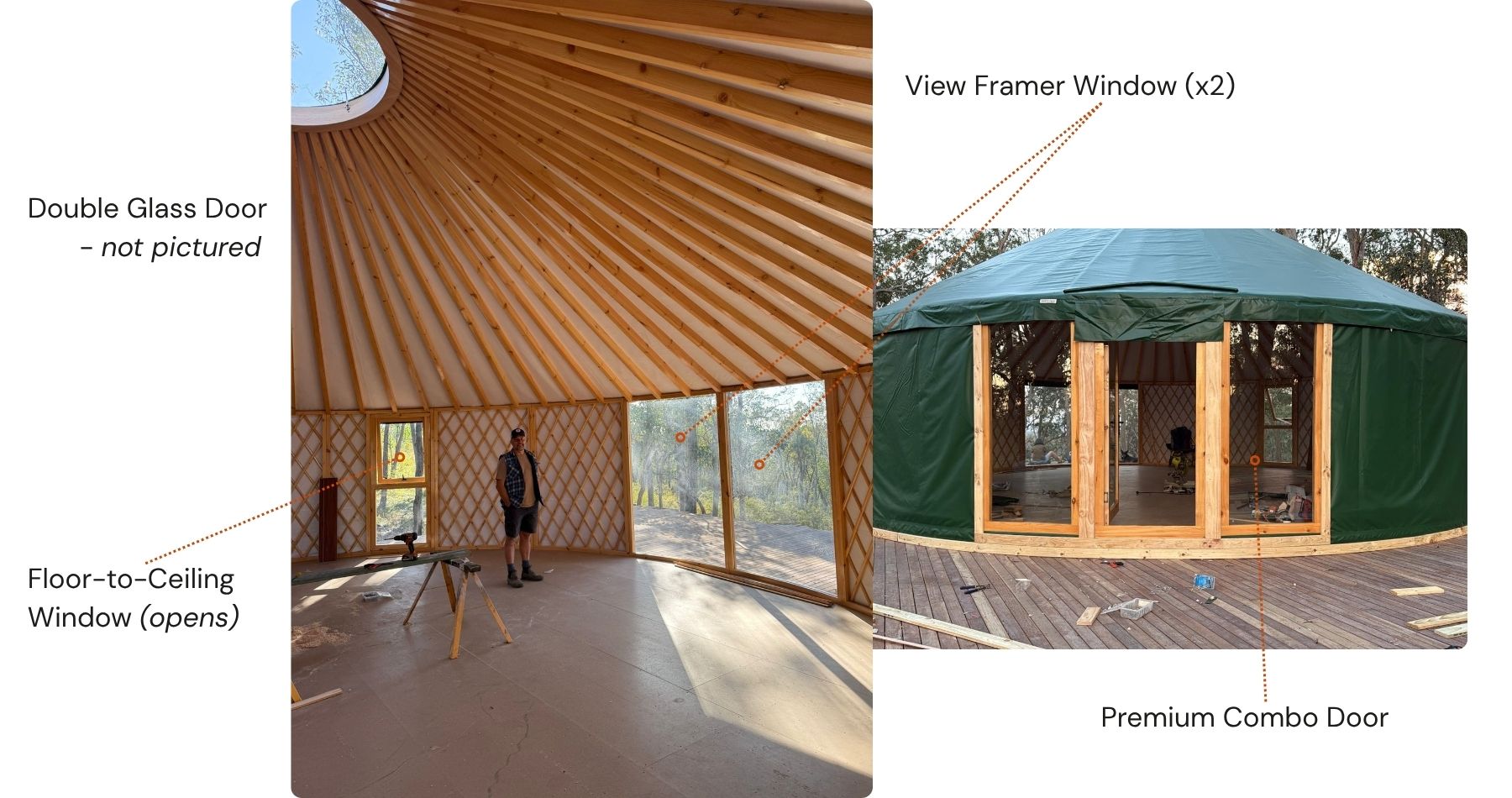 Yurt interior with timber lattice walls, skylight roof and a mix of standard and floor-to-ceiling windows, balancing natural light with privacy