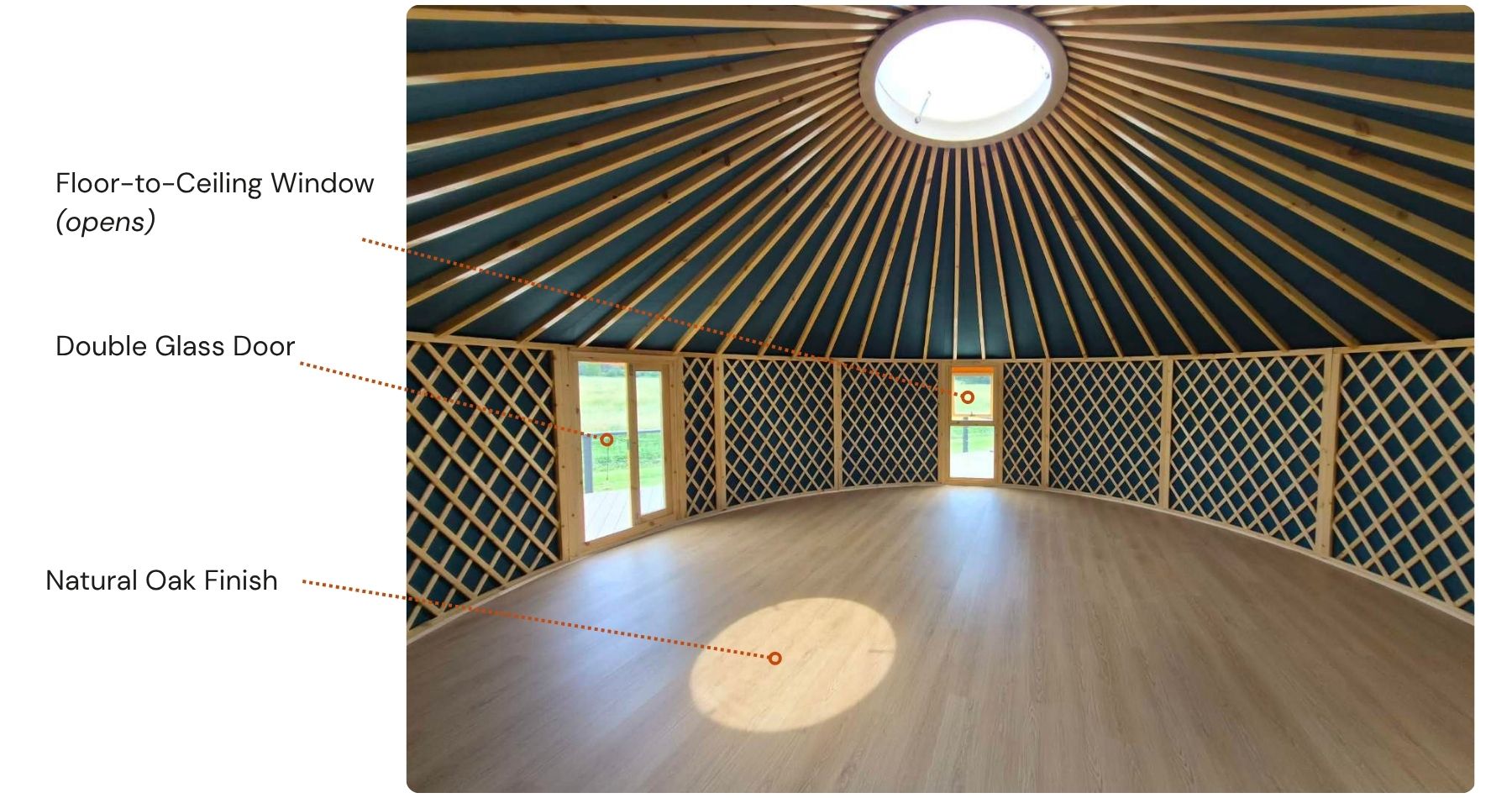 Circular yurt interior with skylight roof, timber frame and fewer window openings, designed for a quieter, more contained and private environment