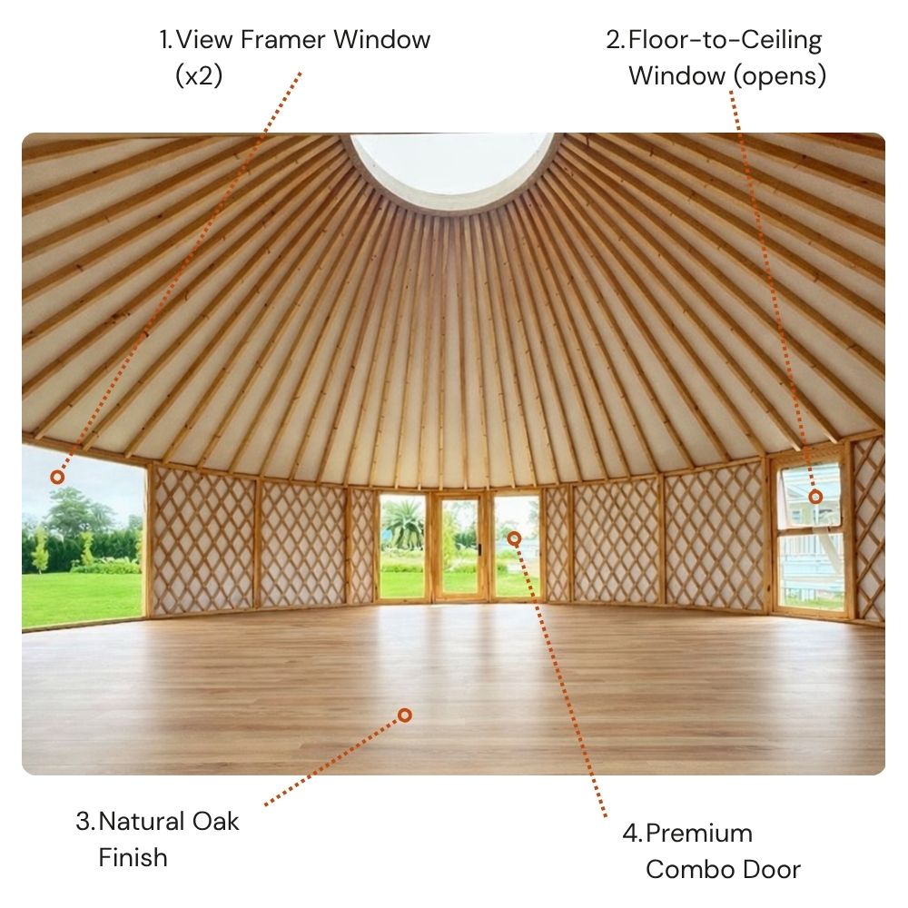 Open-plan yurt interior with timber lattice walls, skylight roof and large windows, showing bright natural light and wide connection to the outdoors