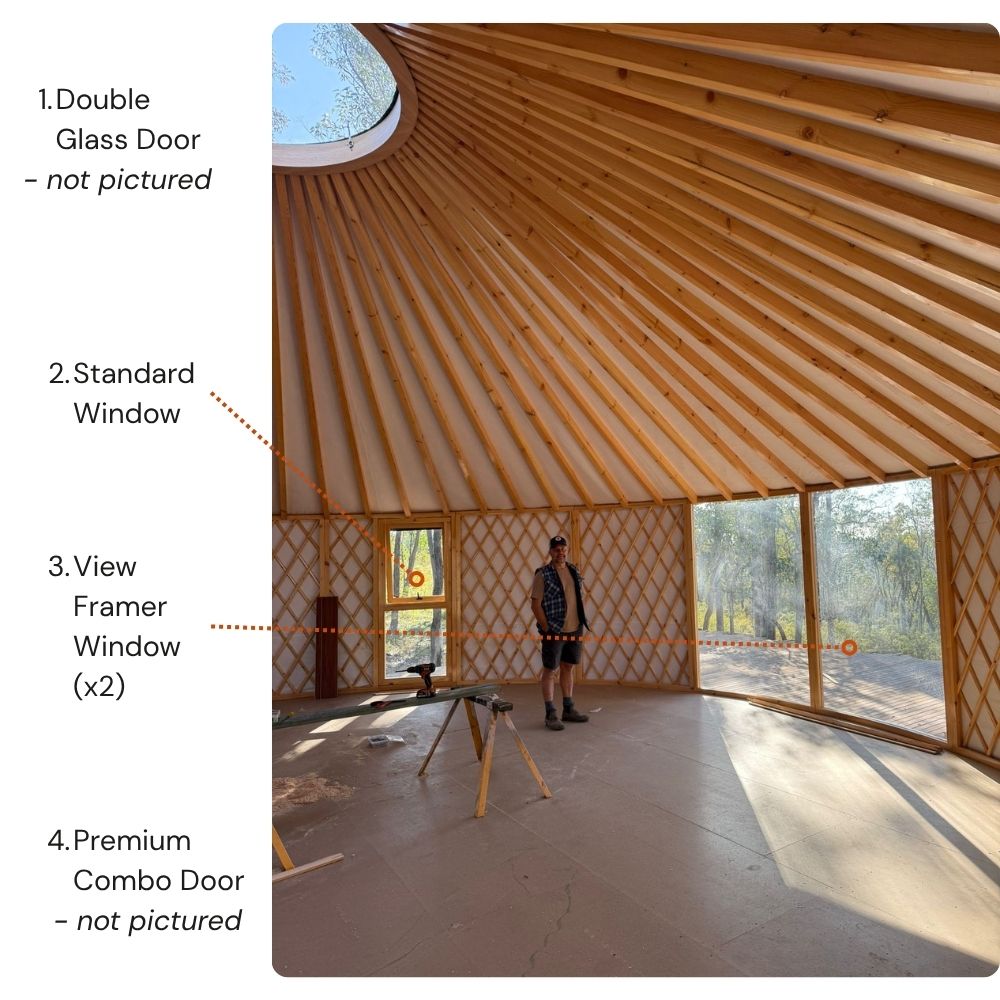 Yurt interior with timber lattice walls, skylight roof and a mix of standard and floor-to-ceiling windows, balancing natural light with privacy