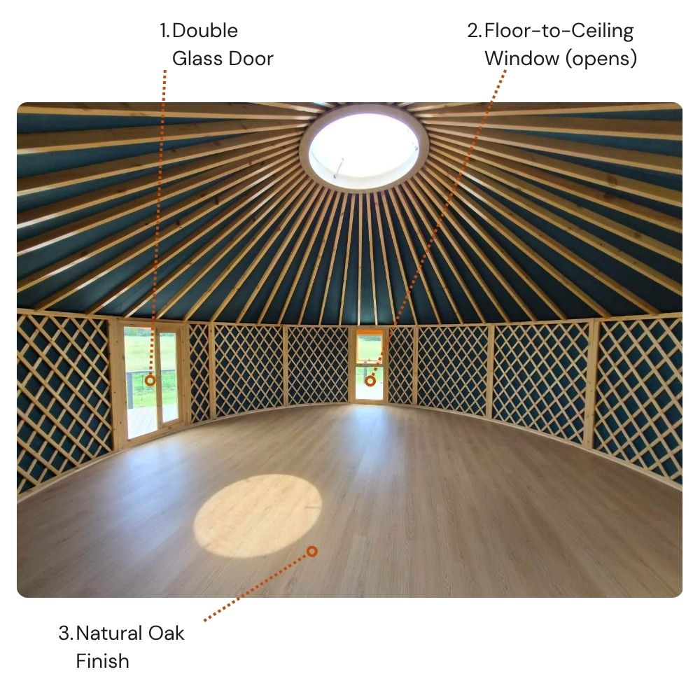 Circular yurt interior with skylight roof, timber frame and fewer window openings, designed for a quieter, more contained and private environment