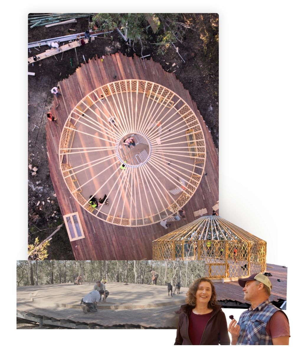 Yurt construction journey in bushland, from circular deck base and timber frame assembly to finished structure set within a remote New South Wales landscape