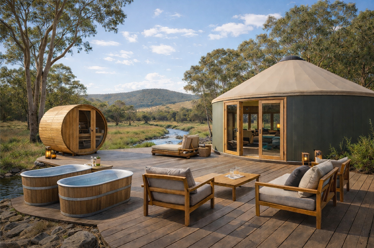 Yurt with outdoor furniture and hot tub in a natural setting