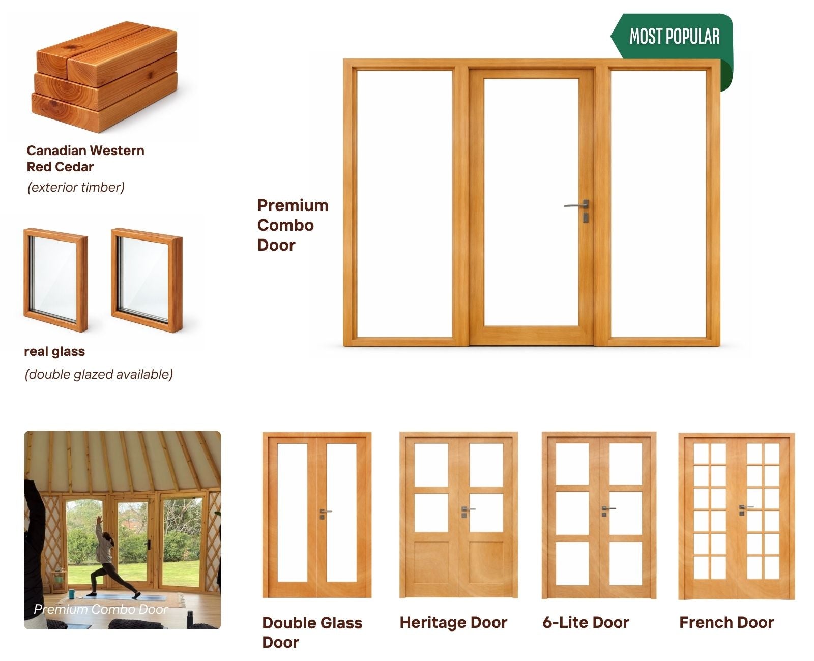 Door customisation reference showing Premium Combo, Double Glass, Heritage, 6-Lite and French door options with real glass and Canadian Western Red Cedar exterior timber.