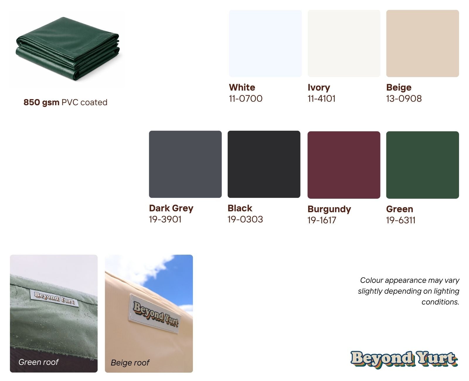 Exterior roof and wall cover reference showing the 850 gsm PVC-coated material and available colour options included for Beyond Yurt customisation.
