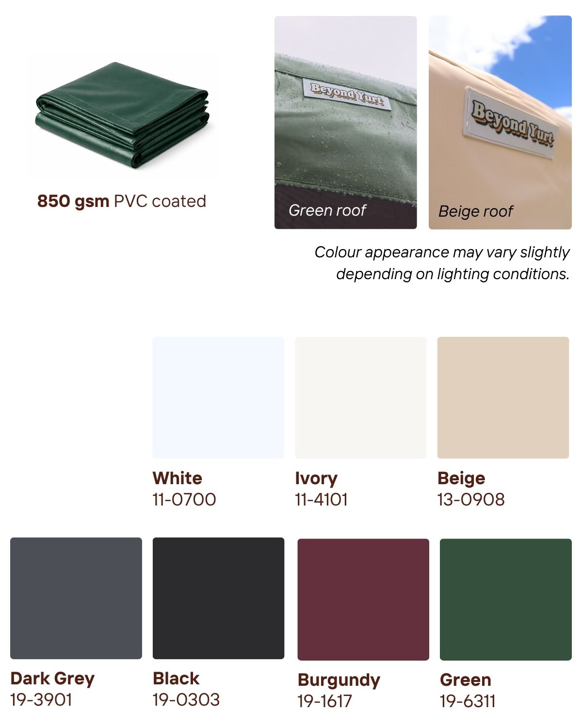 Exterior roof and wall cover reference showing the 850 gsm PVC-coated material and available colour options included for Beyond Yurt customisation.