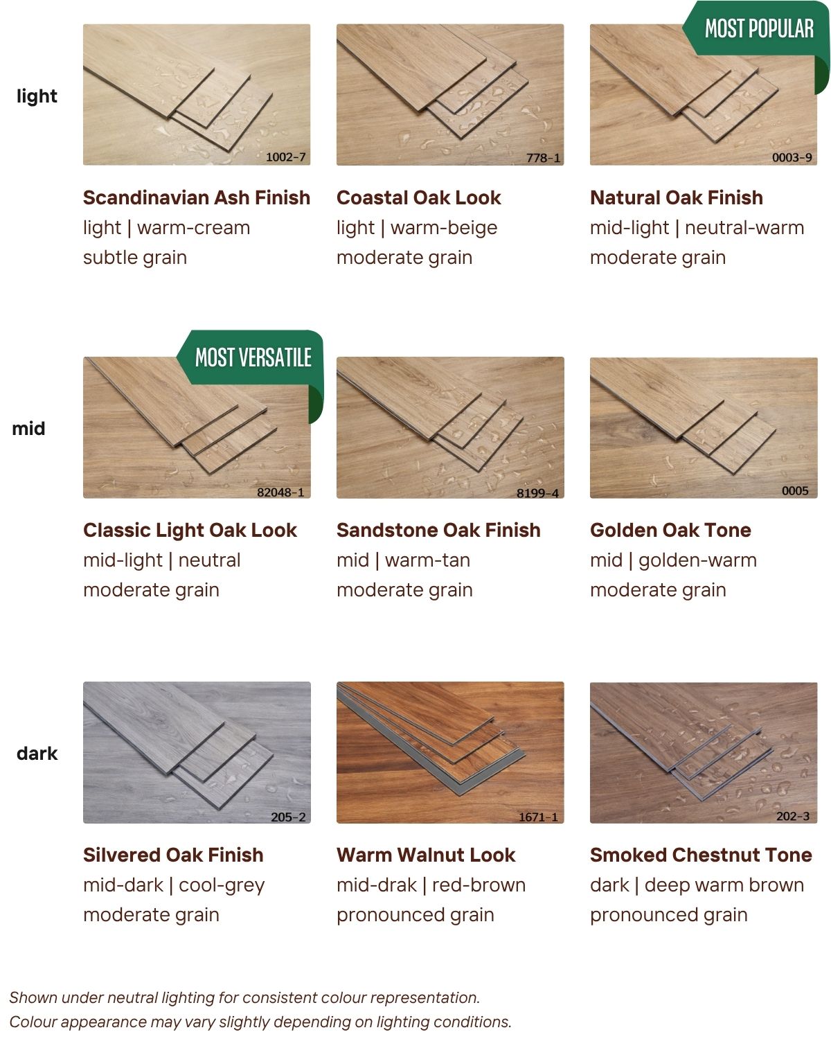 SPC flooring options reference showing light, mid and dark timber-look finishes available for Beyond Yurt flooring customisation.