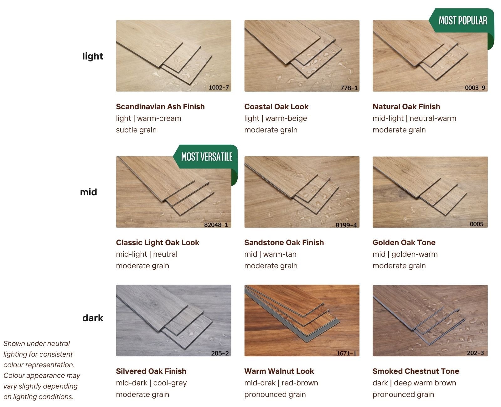 SPC flooring options reference showing light, mid and dark timber-look finishes available for Beyond Yurt flooring customisation.