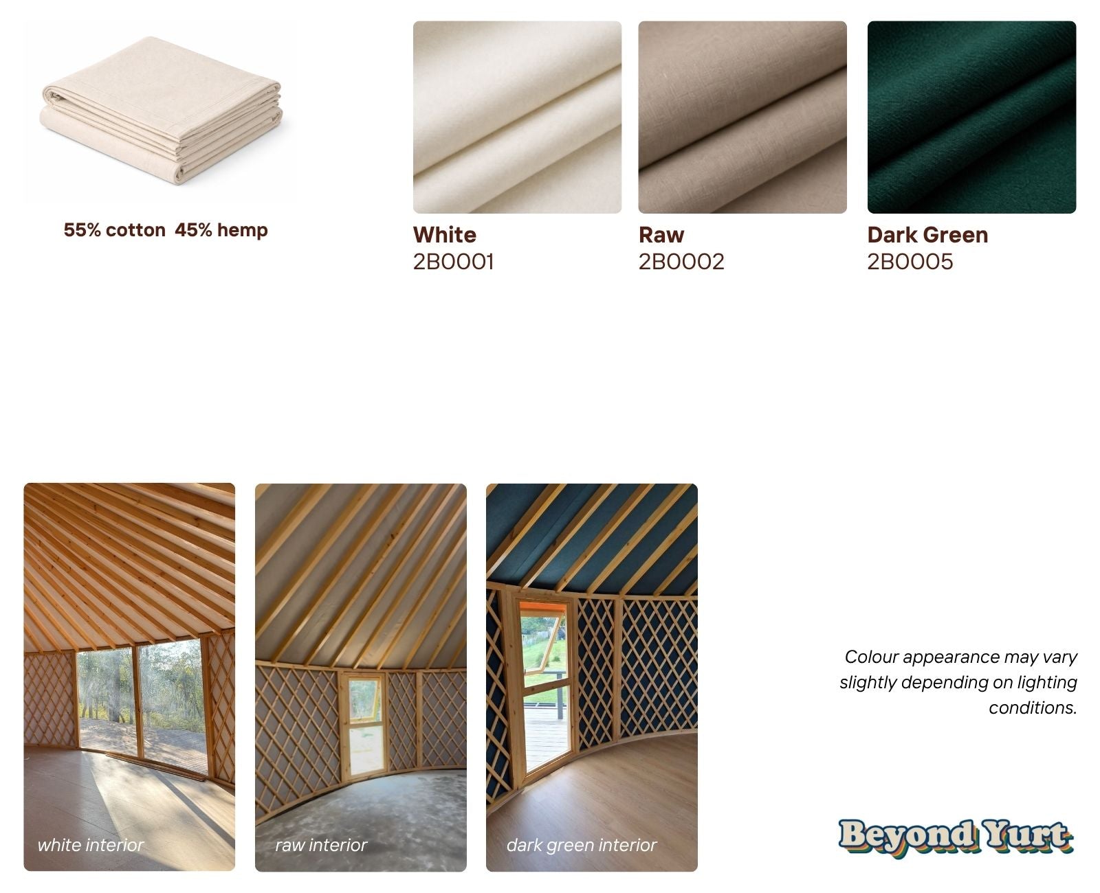 Interior layer reference showing the 55% cotton and 45% hemp material and available colour options included for Beyond Yurt customisation.