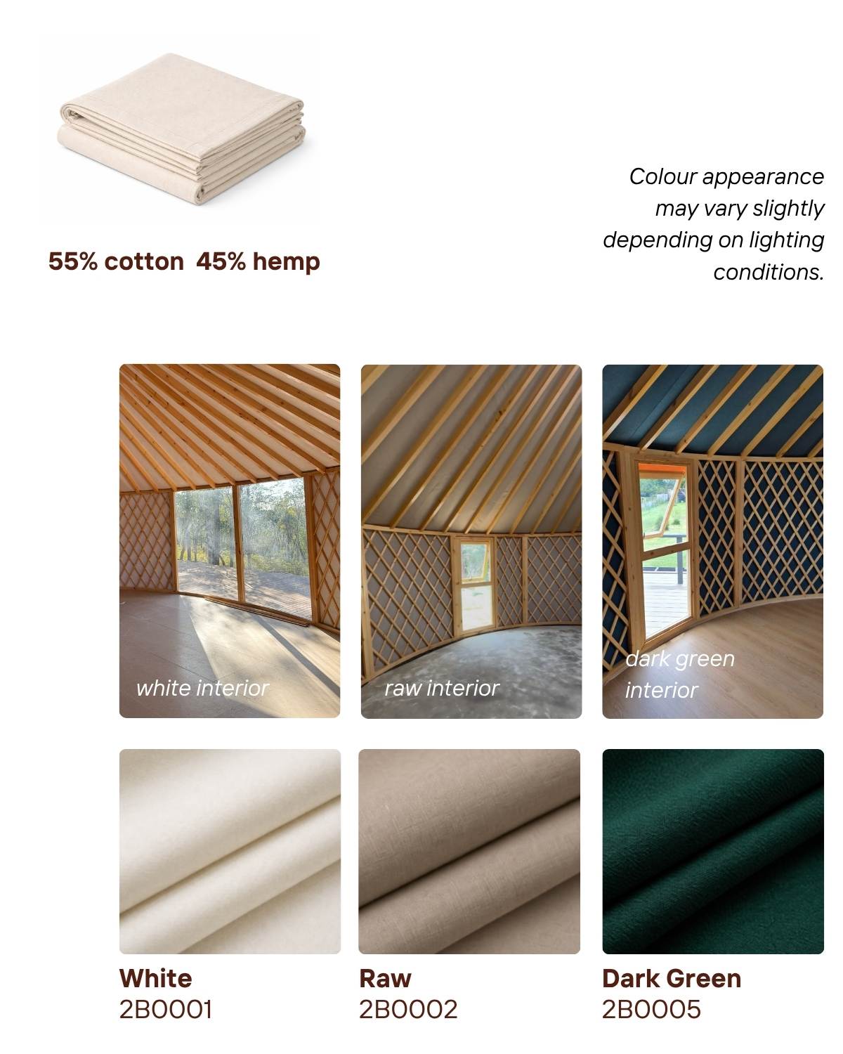 Interior layer reference showing the 55% cotton and 45% hemp material and available colour options included for Beyond Yurt customisation.