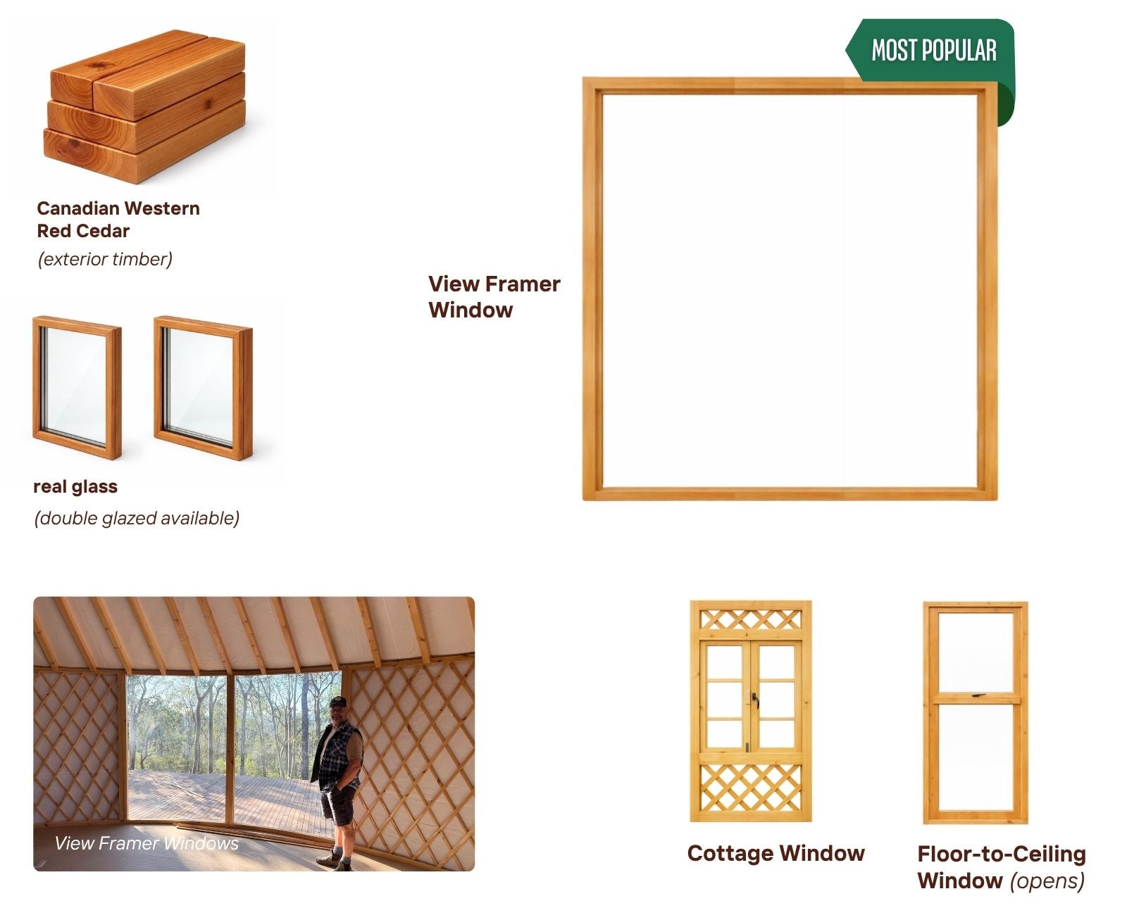 Window customisation reference showing View Framer, Cottage and Floor-to-Ceiling window options for shaping light, views and airflow in a yurt.