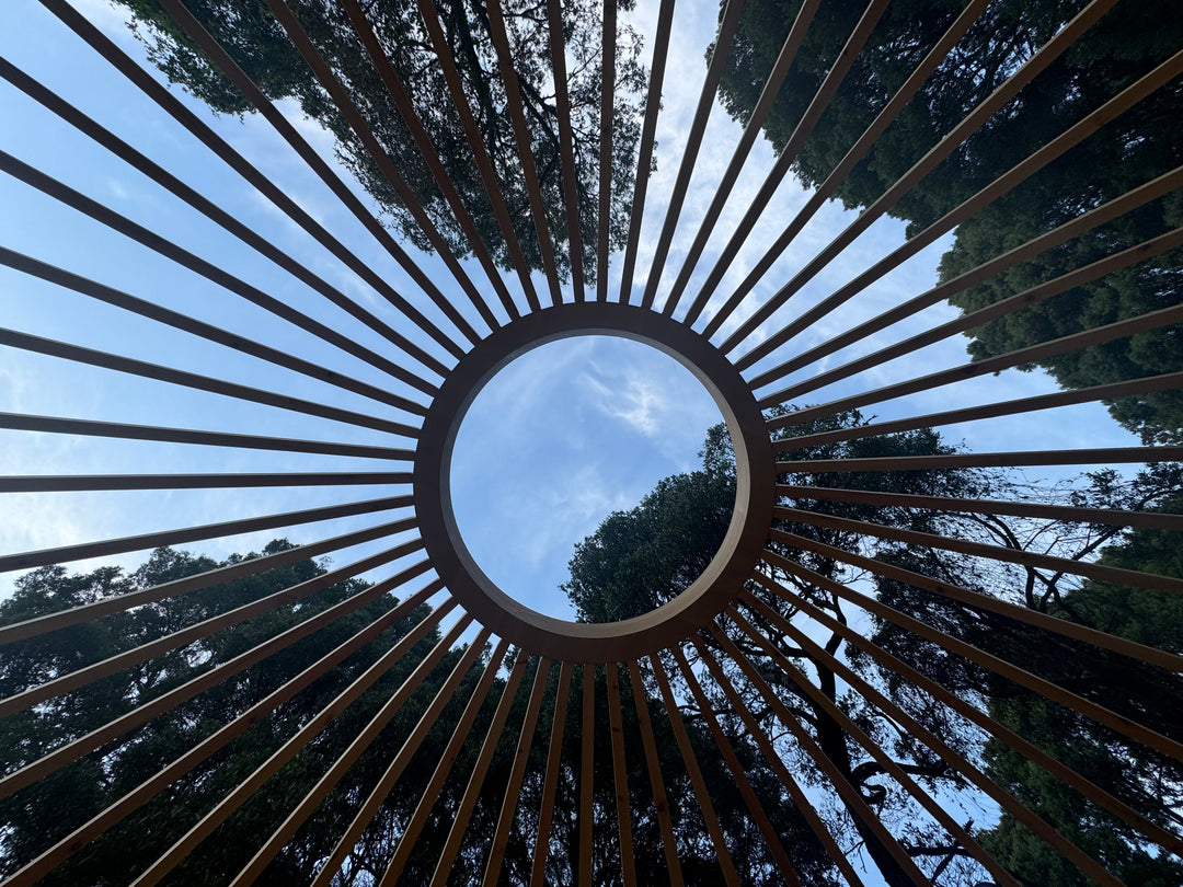 Yurt centre ring and lattice, looking up at the sky