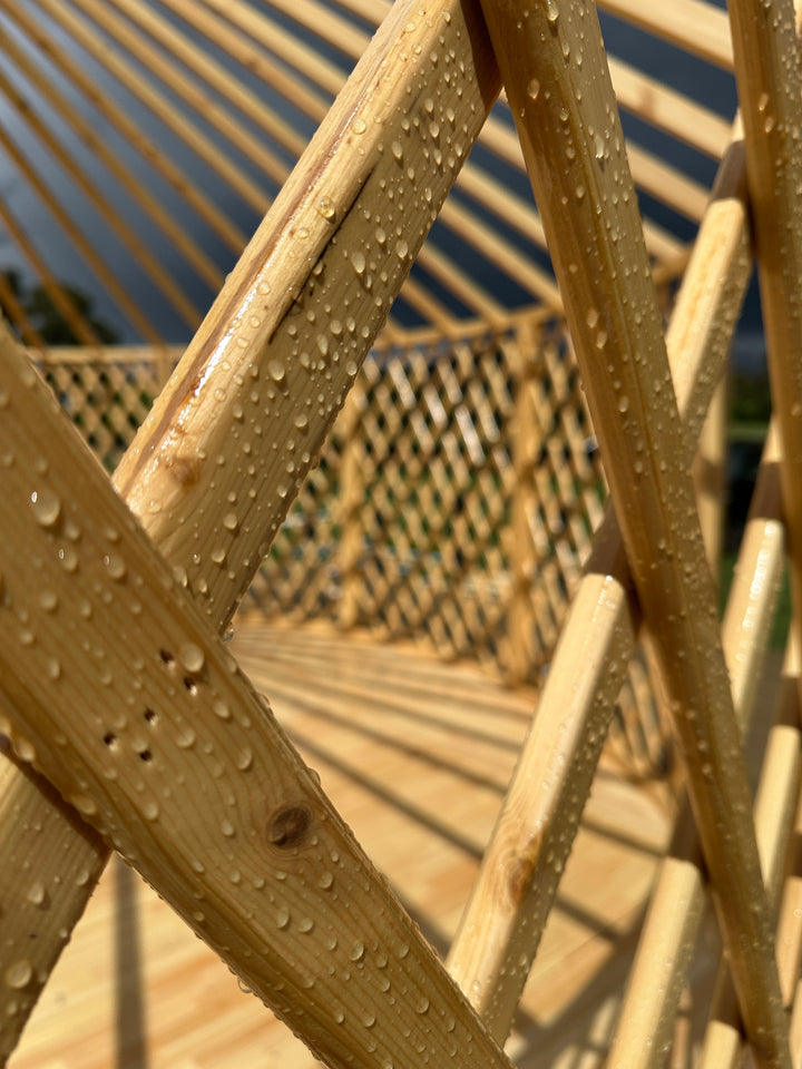 Yurt lattice walls after light rain