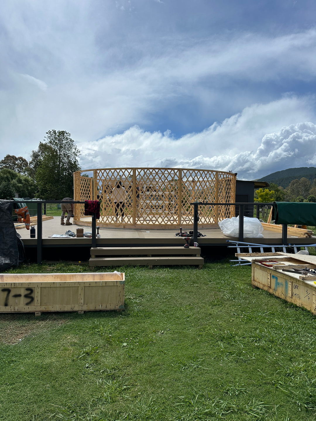 Yurt lattice walls installed on yurt base