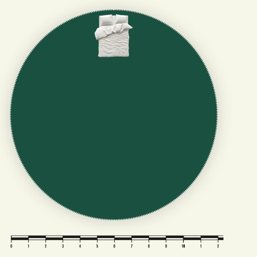 12m yurt scale diagram showing the circular floor area compared with a king-size bed.
