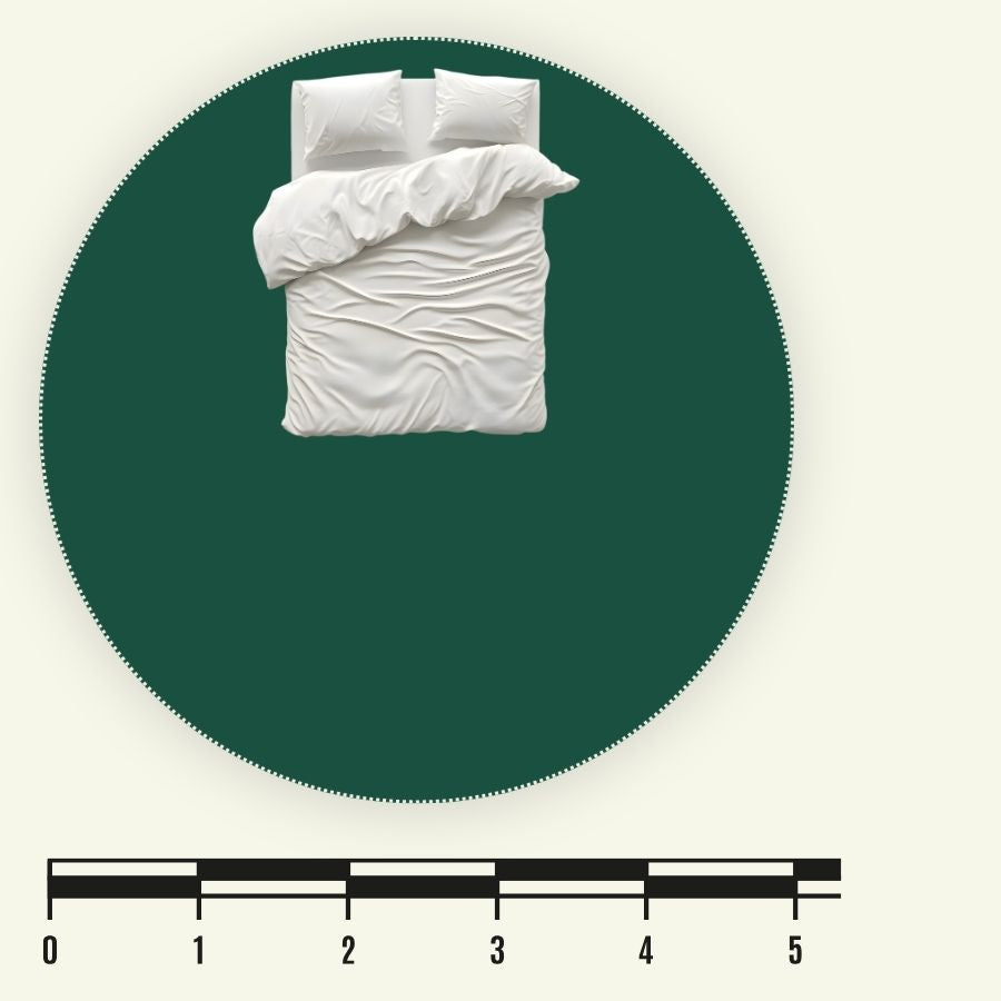 5m yurt scale diagram showing the circular floor area compared with a king-size bed.
