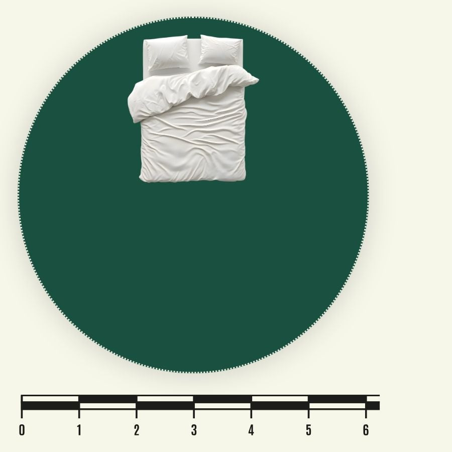 6m yurt scale diagram showing the circular floor area compared with a king-size bed.