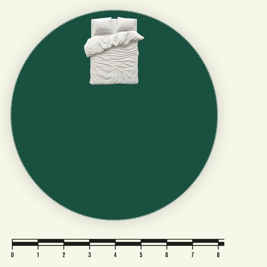 8m yurt scale diagram showing the circular floor area compared with a king-size bed.