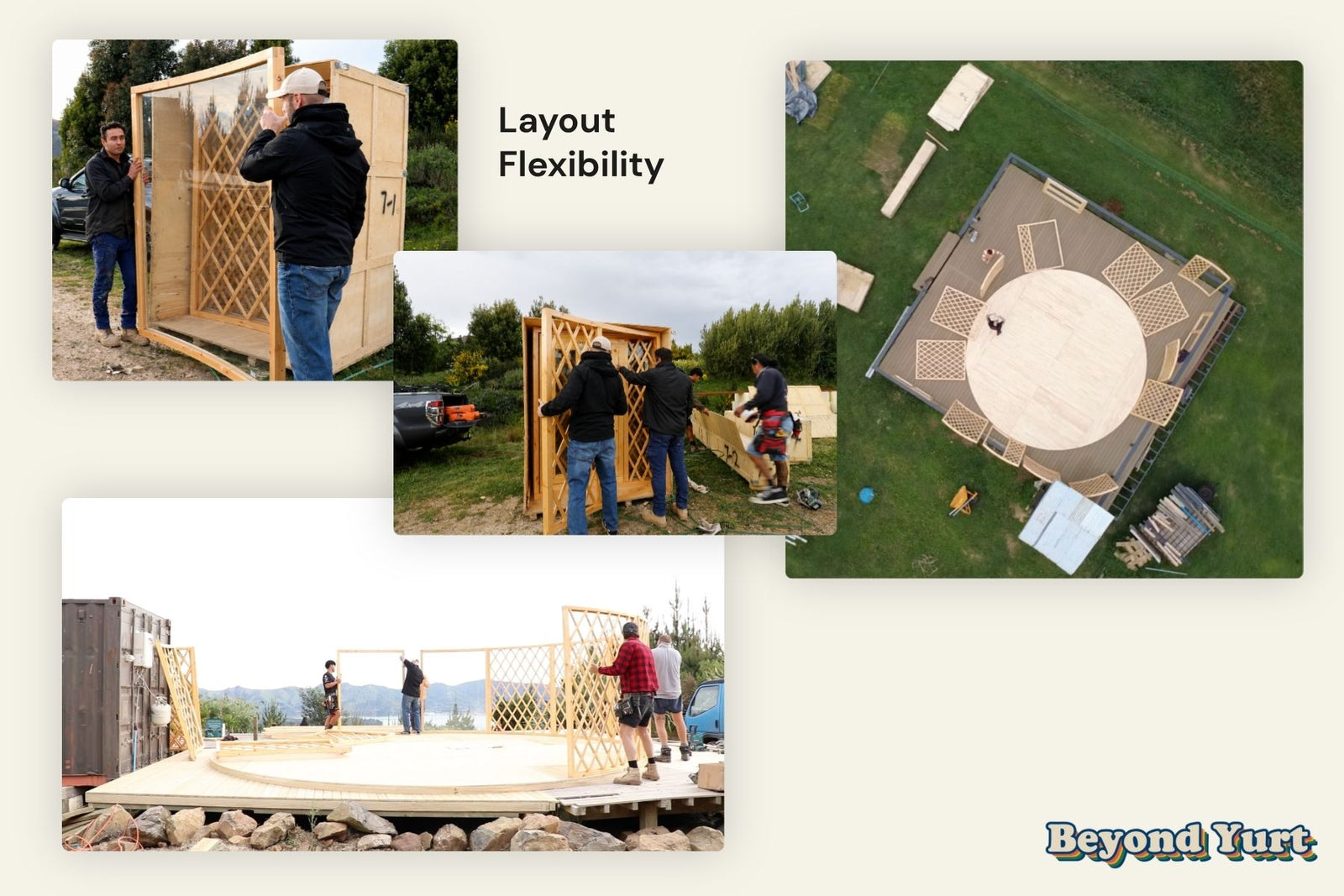 Yurt modular assembly on site showing lattice walls being installed and circular platform layout from above demonstrating flexible floor plan design