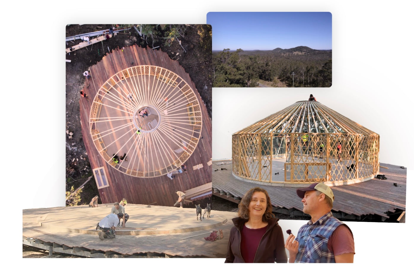 Yurt construction journey in bushland, from circular deck base and timber frame assembly to finished structure set within a remote New South Wales landscape