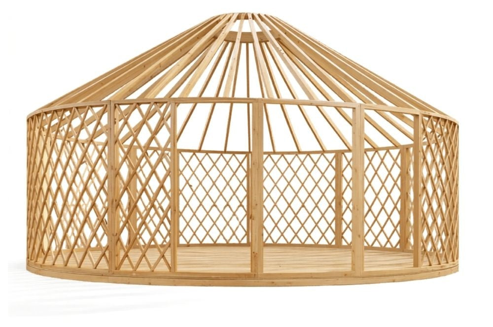 Modular timber yurt frame structure showing circular lattice walls, central door frame and roof rafters before interior, insulation, outer cover, windows and doors are installed